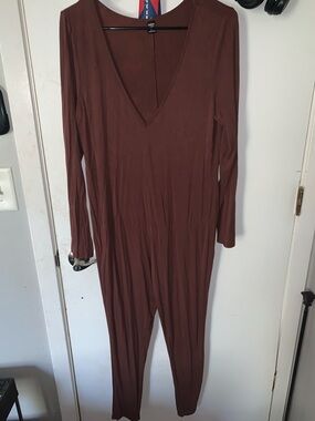 Deep V-Neck Brown Long Sleeve Jumpsuit